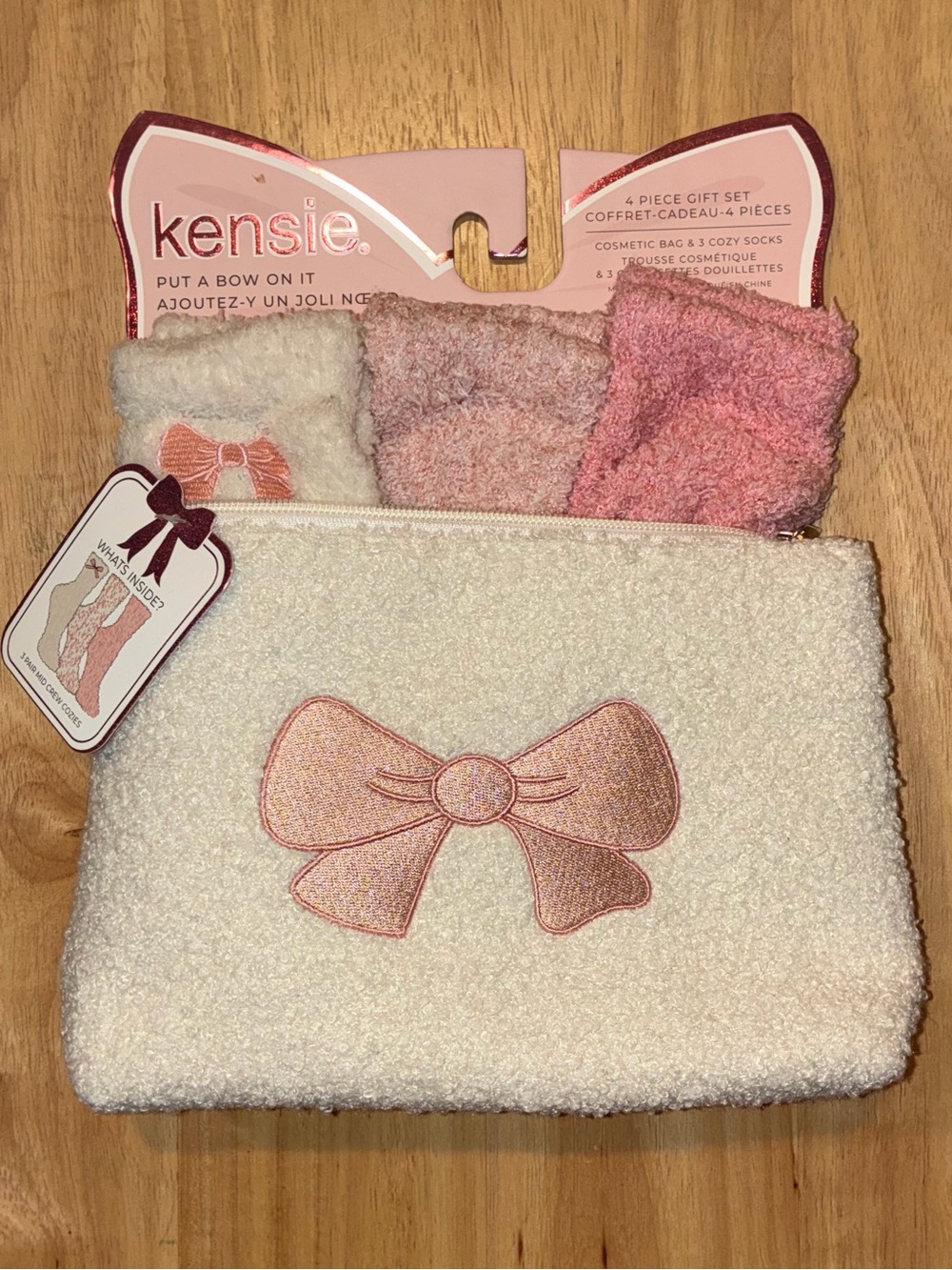 Kensie Cream Cosmetic Bag with Pink Bow and Assorted Pink Socks Gift Set